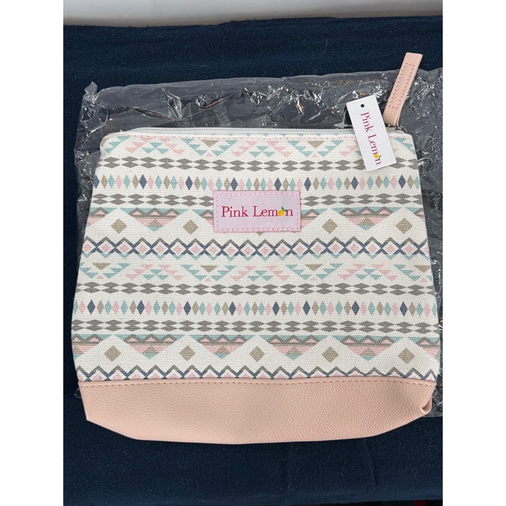 Pink Lemon Tribal Geometric Canvas Makeup Bag Travel Pouch Lined Pastel NEW